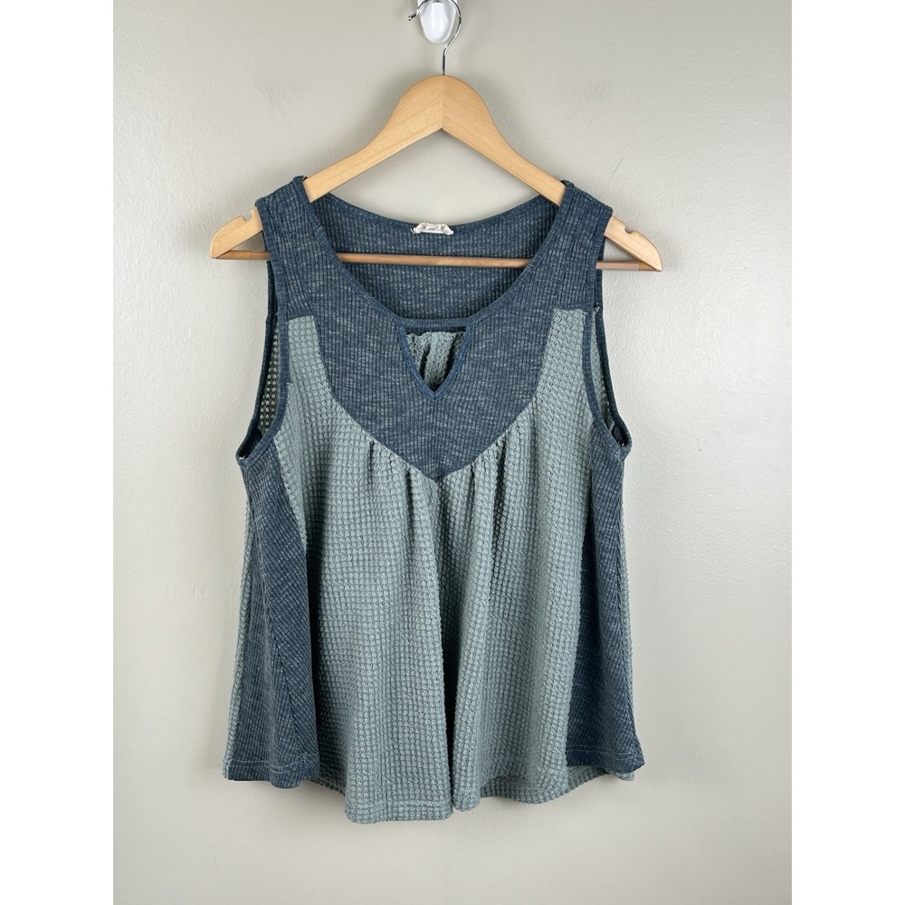 POL Women's Green Waffle Knit Sleeveless Layered Boho Tank Top Oversized Sz Sm